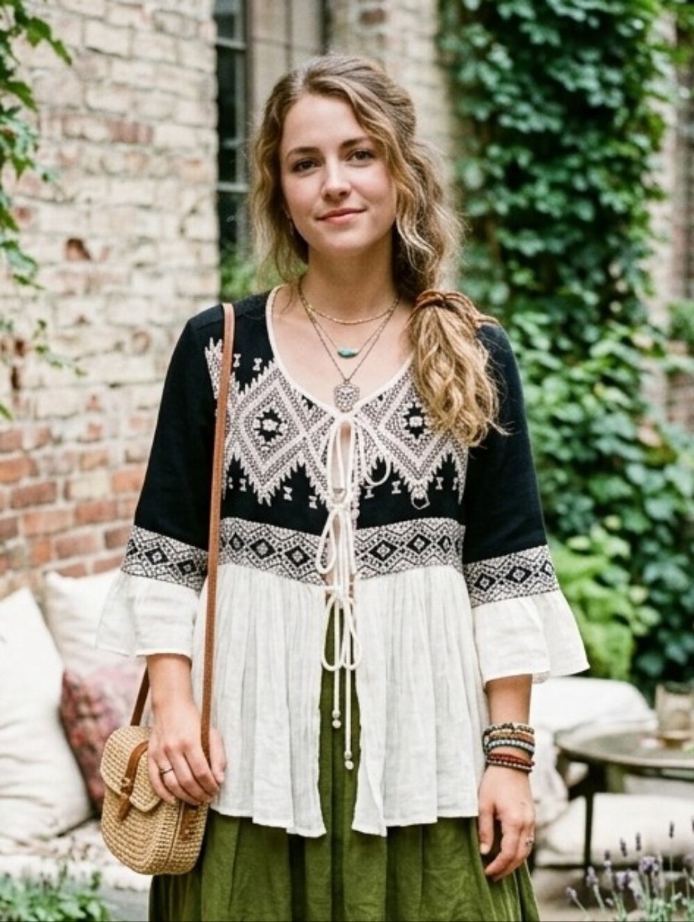 Lucy & Laurel L Bohemian Folk Peasant Southwestern Embroidered Lace Up Tunic